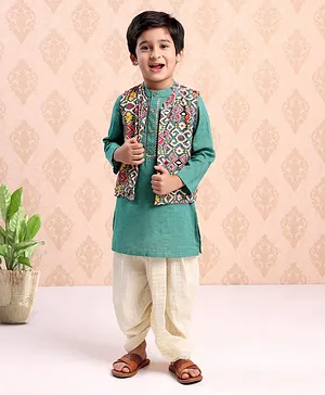 Babyhug Full Sleeves Cotton Solid Dhoti Kurta Set with Printed Waistcoat - Green