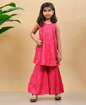 misbis Bandhini Sleeveless Kurta With Striped Print Sharara - Pink