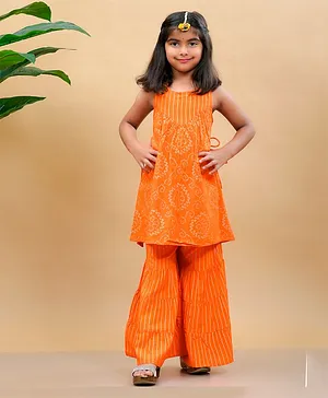 misbis Bandhini Sleeveless Kurta With Striped Print Sharara - Orange