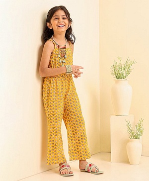 Babyhug Cotton Woven Sleeveless Ethnic Jumpsuit Floral Print - Yellow