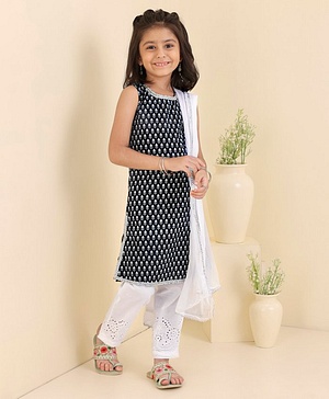 Babyhug Cotton Woven Sleeveless Kurti & Churidar Set with Dupatta Ethnic Print - Navy