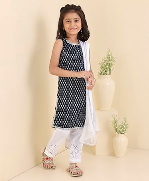 Babyhug Cotton Woven Sleeveless Kurti & Churidar Set with Dupatta Ethnic Print - Navy