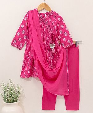 Babyhug Cotton Three Fourth Sleeves Kurti With Churidar Pant & Dupatta Printed- Pink