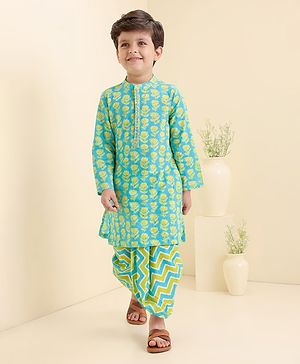Babyhug Cotton Woven Full Sleeves Bagh Printed Kurta & Dhoti Set - Teal