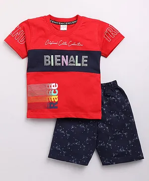Nottie Planet Half Sleeves Bienale Text Printed T Shirt With Shorts - Red