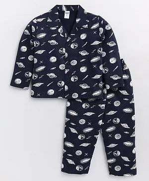 Nottie Planet Full Sleeves Space Printed Night Suit - Navy Blue
