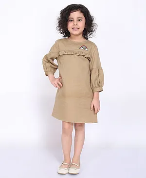 Biglilpeople Three Fourth Sleeves Rainbow Patch Dress - Beige