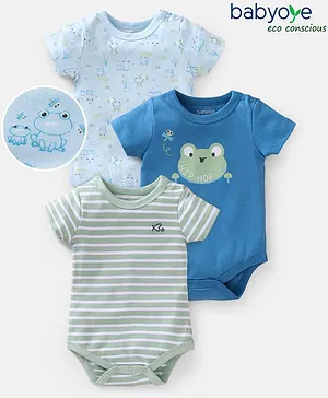 Babyoye Eco-conscious 100% Cotton Half Sleeves Striped Onesies Pack of 3 - Green Blue Light Blue