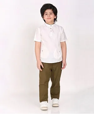 Biglilpeople Half Sleeves Solid Shirt And Jogger - White Olive Green