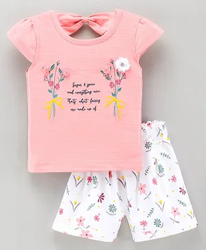 U R CUTE Cap Sleeves Text & Floral  Printed Appliqued Top With Shorts - Peach