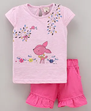 U R CUTE Cap Sleeves Bird & Deer Forest Printed & Floral Appliqued Top With Shorts - Pink