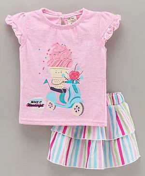 U R CUTE Cap Sleeves Ice Cream Scooty Cherry Printed & Embroidered Top With Striped Skirt  - Pink