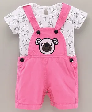U R CUTE Short Sleeves All Over Bear Printed Tee With Appliqued Dungaree - Pink