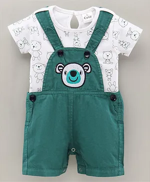 U R CUTE Short Sleeves All Over Bear Printed Tee With Appliqued Dungaree - Green