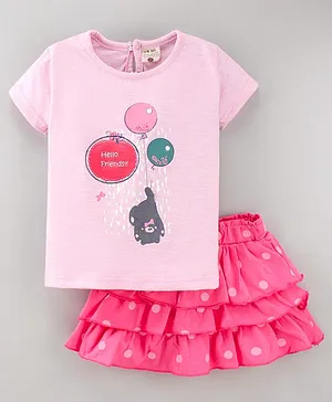 U R CUTE Short Sleeves Text & Bear Printed Top With Polka Dots Printed Skirt - Pink