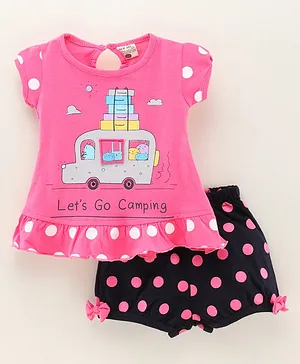 U R CUTE Short Sleeves Lets Go Camping Top With Bow Embellished Polka Print Shorts - Pink