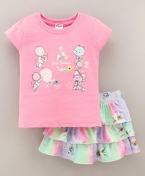 U R CUTE Cap Sleeves Cute Kitten Friends Print Top With Layered Flower Print Skirt - Pink