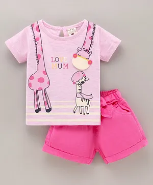 U R CUTE Half Sleeves Giraffe & Zebra Friends Print Top & Shorts Set - Pink