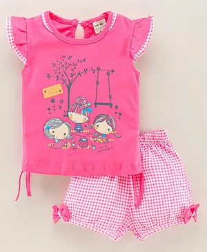 U R CUTE Short Sleeves Girls Print Top With Bow Embellished Checkered Shorts - Pink