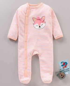 Babyhug Cotton Knit Full Sleeves Sleepsuit Striped - Pink