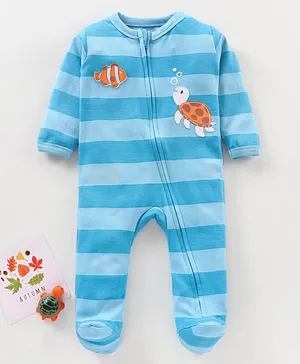 Babyhug Cotton Knit Full Sleeves Sleepsuit Striped - Aqua