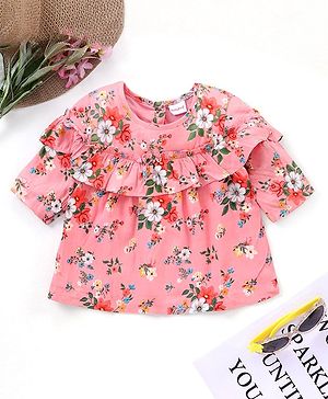 Babyhug Three Fourth Sleeves Rayon Top With Frill Detailing And Floral Print- Pink
