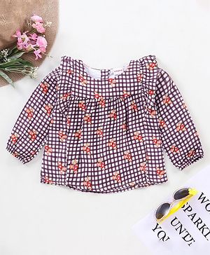 Babyhug Full Sleeves Printed Checks Rayon Top With Floral Print And Frill Detailing-Multicolor
