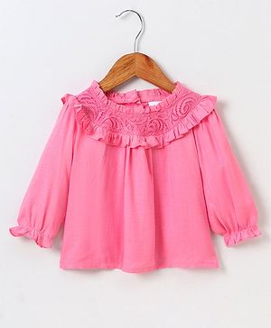 Babyhug Full Sleeves Solid Slub Rayon Top With Lace & Frill Detailing- Pink