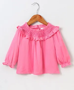 Babyhug Full Sleeves Solid Slub Rayon Top With Lace & Frill Detailing- Pink