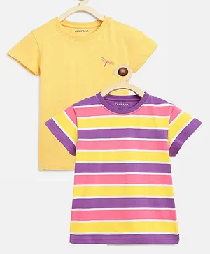 Campana Steffi Pack Of 2 Multi Striped & Dragon Fly Embroidered Short Sleeves Tee - Purple & Yellow