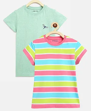 Campana Steffi Pack Of 2 Multi Striped & Dragon Fly Embroidered Short Sleeves Tee - Rose Pink & Mint Green