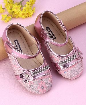 Cute Walk by Babyhug Ballerinas Floral & Stones Applique - Pink