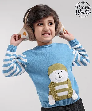 Babyoye Full Sleeves Eco Conscious 100 % Cotton Sweater Stripes & Animal Applique Design- Blue
