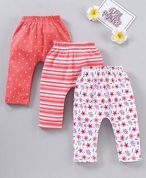 Babyhug Full Length Diaper Leggings Stripes & Floral Print Pack Of 3 - Multicolor