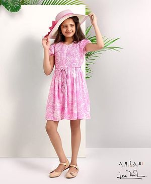 Arias Rayon Fit and Flare Shirt Dress with Tiedye Print and Smocked Yoke - Pink