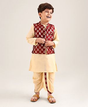 Babyhug Full Sleeves Kurta & Dhoti With Jacket Embroidery Detailing - Cream Maroon