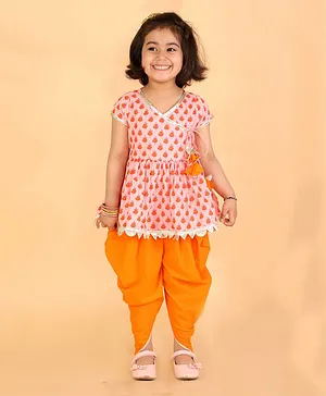 Lil Drama Short Sleeves Floral Motif Printed Lace Embellished Kurta & Solid Dhoti Pants Set - Orange