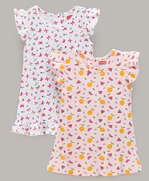 Babyhug Cap Sleeves Nighties Multiprint Pack of 2 - White Light Pink