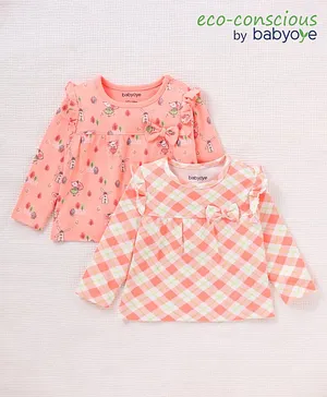 Babyoye Full Sleeves Cotton Checks Top with Bow Applique Pack of 2 - Peach