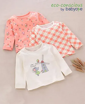 Babyoy Cotton Full Sleeves Tee Printed Pack of 3- Pink White