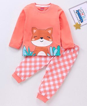 Babyhug Full Sleeves Night Suit Fox Print - Peach