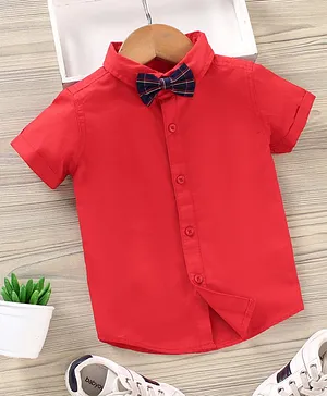 Babyhug Half Sleeves Cotton Solid Shirt with Bow - Red