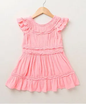 Sweetlime by A.S Short Flutter Sleeves Textured Dress - Neon Pink