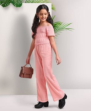 Arias Cotton Gauze Dobby Full Length Jumpsuit With Adjustable Sleeves - Peach