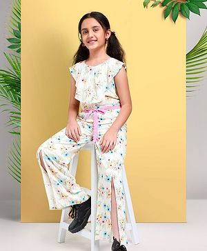 Arias 100% Viscose All Over Printed Jumpsuit with Handmade Belt and Front Slits - Multicolor