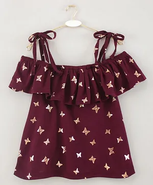 CrayonFlakes Off Shoulder Half Sleeves All Over Butterfly Printed Top - Maroon