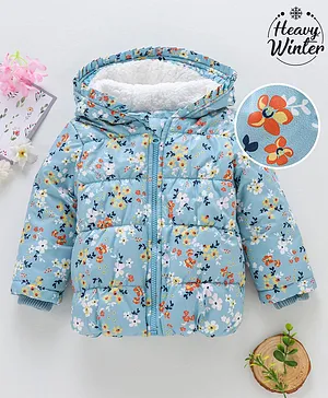 Babyoye Full Sleeves Heavy Winter Hooded Jacket Floral Print - Blue