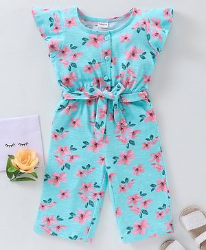 Babyhug Cap Sleeves 100% Cotton Jumpsuit Floral Print - Turquoise