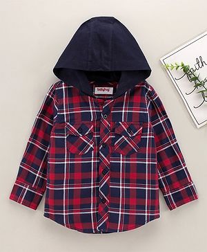 Babyhug Full Sleeves Checks Hooded Shirt with Front Pockets - Red