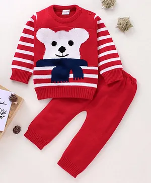 Babyhug Full Sleeves Sweater Set Bear Design - Red